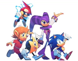 Size: 1055x833 | Tagged: safe, artist:supsross, sonic the hedgehog, 2026, alex kidd, crossover, electricity, flying, group, mid-air, nights, pulseman, ristar, simple background, standing, walking, white background
