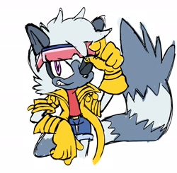 Size: 2048x2008 | Tagged: safe, artist:cosmicseternity, tangle the lemur, 2025, alternate outfit, belt, clothes, coat, eyewear on head, flat colors, gloves, jacket, looking at viewer, shirt, shorts, simple background, smile, solo, standing, sunglasses, white background, wink, yellow gloves