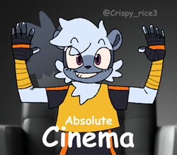 Size: 1600x1400 | Tagged: safe, artist:crispy_rice3, tangle the lemur, 2026, absolute cinema, eye clipping through hair, eyebrow clipping through hair, flat colors, hands up, meme, photographic background, signature, smile, solo