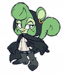 Size: 1750x2048 | Tagged: safe, artist:cosmicseternity, claire voyance, 2025, ear piercing, earring, flat colors, hood, hood up, lidded eyes, looking at viewer, mouth open, simple background, smile, solo, standing, white background