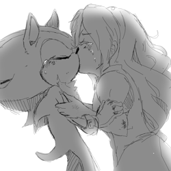 Size: 2000x2000 | Tagged: safe, artist:kyu6, maria robotnik, shadow the hedgehog, hedgehog, human, 2012, age difference, crying, duo, eyes closed, flat colors, greyscale, holding each other, kiss, maria x shadow, monochrome, pseudo-incest, shipping, simple background, standing, straight, tears, white background