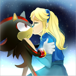 Size: 502x502 | Tagged: safe, artist:kyu6, maria robotnik, shadow the hedgehog, human, 2015, age difference, duo, holding each other, kiss, kiss on cheek, kneeling, maria x shadow, pseudo-incest, redraw, shipping, standing, star (sky), straight, surprise kiss, surprised