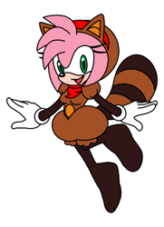 Size: 522x720 | Tagged: safe, artist:death-driver-5000, amy rose, hedgehog, alternate outfit, cosplay, looking at viewer, mario, mouth open, open smile, outfit swap, scarf, simple background, smile, smiling at viewer, solo, tanooki suit