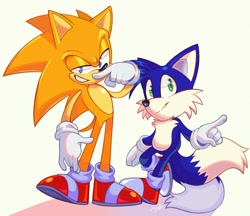 Size: 2048x1773 | Tagged: safe, artist:zombieeparty, miles "tails" prower, sonic the hedgehog, 2021, alternate eye color, color swap, duo, finger under nose, looking at viewer, pointing, simple background, smile, standing