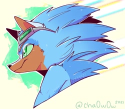 Size: 1536x1342 | Tagged: safe, artist:cha0w0w, sonic the hedgehog, hedgehog, 2021, alternate universe, eyelashes, glasses, green sclera, headshot, looking offscreen, side view, signature, smile, solo, sonic riders