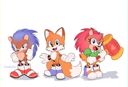 Size: 1200x815 | Tagged: safe, artist:embrim1, amy rose, miles "tails" prower, sonic the hedgehog, 2021, amybetes, blue background, blue shoes, classic amy, classic sonic, classic tails, cute, fangs, fur markings, mouth open, piko piko hammer, pointing, redesign, shadow (lighting), simple background, smile, sonabetes, standing, tailabetes, trio