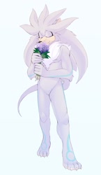 Size: 958x1656 | Tagged: safe, artist:azuredreamrealm, silver the hedgehog, 2021, barefoot, claws, eyes closed, flower, fur markings, gloves, holding something, lavender, neck fluff, paws, simple background, smile, sniffing, solo, standing, white background