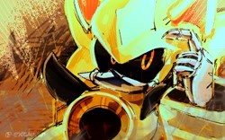 Size: 2048x1280 | Tagged: safe, artist:exeluver, metal sonic, neo metal sonic, 2026, black sclera, looking at viewer, robot, scratching, scratching head, solo, super form, super metal sonic