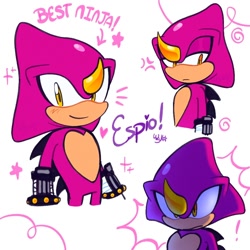 Size: 1000x1000 | Tagged: safe, artist:woniksonik, espio the chameleon, 2026, arrow, character name, english text, exclamation mark, frown, lidded eyes, looking at viewer, looking offscreen, simple background, smile, solo, sparkles, standing, text, white background