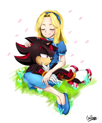 Size: 1000x1200 | Tagged: safe, artist:unichrome-uni, maria robotnik, shadow the hedgehog, hedgehog, human, 2013, age difference, blushing, duo, eyes closed, flower, frown, grass, holding them, lidded eyes, maria x shadow, petal, petals, pseudo-incest, shipping, signature, simple background, sitting, smile, straight, white background