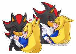 Size: 2056x1476 | Tagged: safe, artist:wolf-laufer, maria robotnik, shadow the hedgehog, oc, oc:maria the hedgehog, hedgehog, 2025, age difference, duo, eyes closed, floppy ears, frown, fur markings, heart, hugging, kiss, lidded eyes, maria x shadow, mobianified, pseudo-incest, shipping, signature, simple background, smile, straight, white background