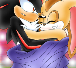 Size: 750x679 | Tagged: safe, artist:taleea, cream the rabbit, shadow the hedgehog, hedgehog, rabbit, 2007, age difference, blanket, brown nose, duo, eyes closed, gradient background, hugging, looking at them, shadream, shipping, smile, straight