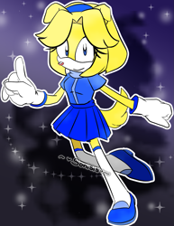 Size: 989x1283 | Tagged: safe, artist:sonicsis, maria robotnik, dog, 2018, flat colors, looking at viewer, mobianified, outline, pink nose, pointing, signature, smile, solo, sparkles