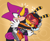 Size: 1124x924 | Tagged: safe, artist:flameheart87, charmy bee, espio the chameleon, bee, lizard, 2026, chameleon, duo, eyes closed, flat colors, horns, hugging, one eye closed, redesign, scarf, smile, standing