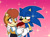 Size: 3374x2475 | Tagged: safe, artist:lady_axolotl04, sally acorn, sonic the hedgehog, chipmunk, hedgehog, 2026, blushing, duo, female, flower, gradient background, holding something, looking at each other, male, outline, rose, sally x sonic, sally's ringblader outfit, shipping, smile, smiling at each other, sparkles, straight, white outline