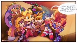 Size: 2560x1440 | Tagged: safe, artist:_lovelymiry_, antoine d'coolette, bunnie rabbot, miles "tails" prower, nicole the hololynx, rotor walrus, sally acorn, sonic the hedgehog, chipmunk, coyote, fox, hedgehog, lynx, rabbit, walrus, 2026, alternate outfit, clothes, dialogue, english text, female, freedom fighters, group, hololynx, jacket, male, redraw, scarf, shadow (lighting), speech bubble, sunset