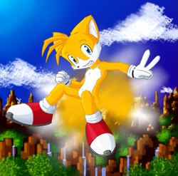 Size: 729x719 | Tagged: safe, artist:rrrandomness, miles "tails" prower, green hill zone, 2008, clenched fist, clouds, daytime, flying, looking at viewer, mid-air, outdoors, screenshot background, smile, solo, spinning tails, v sign
