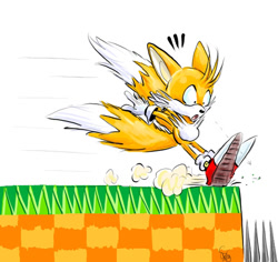 Size: 515x486 | Tagged: safe, artist:saboo, miles "tails" prower, green hill zone, 2006, dust clouds, grass, looking at something, mouth open, orange brown checkerboard, shocked, shrunken pupils, simple background, skidding, solo, spike, treads, white background