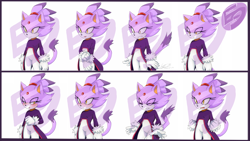 Size: 1000x562 | Tagged: safe, artist:f-sonic, blaze the cat, 2016, angry, blaze is not amused, blushing, border, clenched fists, embarrassed, expression sheet, eyes closed, frown, hand on arm, happy, lidded eyes, looking offscreen, mouth open, obtrusive watermark, simple background, smile, solo, standing, sweatdrop, unamused, watermark, white background