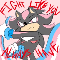 Size: 2048x2048 | Tagged: safe, artist:sumpthinphishy, shadow the hedgehog, 2026, english text, flat colors, frown, holding something, looking at viewer, pink background, scar, simple background, solo, standing, text, top surgery scars, trans boy shadow, trans female, trans pride, trans visibility day, transgender