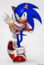 Size: 1403x2048 | Tagged: safe, artist:63117dstnc3, sonic the hedgehog, 2026, clothes, hand on hip, jacket, looking at viewer, simple background, smile, solo, standing, white background