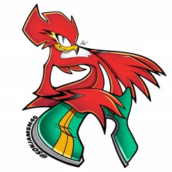 Size: 2048x2048 | Tagged: safe, artist:sonjamsn40, oc, oc:bullet the falcon, bird, 2026, falcon, looking at viewer, oc only, signature, simple background, sitting, smile, solo, style emulation, uekawa style, white background