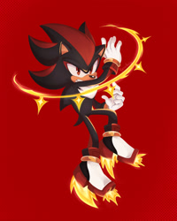 Size: 1638x2048 | Tagged: safe, artist:miaranoe, shadow the hedgehog, hedgehog, 2026, clenched fist, clenched teeth, fire, flame, lineless, looking offscreen, male, no outlines, red background, simple background, solo, weapon