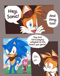 Size: 1638x2048 | Tagged: safe, artist:ifijustfollowyou, amy rose, miles "tails" prower, sonic the hedgehog, 2026, alternate universe, au:multitails, comic, dialogue, door, doorway, english text, mouth open, one fang, smile, sonic boom (tv), speech bubble, standing, sweatdrop, talking, text, trio