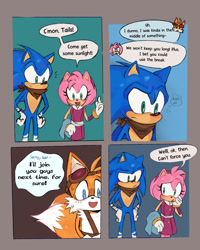 Size: 1638x2048 | Tagged: safe, artist:ifijustfollowyou, amy rose, miles "tails" prower, sonic the hedgehog, 2026, alternate universe, au:multitails, blushing, cloth, comic, dialogue, english text, frown, hands on hips, mouth open, smile, sonic boom (tv), speech bubble, standing, sweatdrop, talking, text, thought bubble, trio