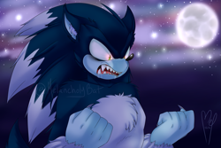 Size: 1125x750 | Tagged: safe, artist:melancholybat, sonic the hedgehog, hedgehog, 2020, looking offscreen, male, moon, nighttime, solo, sonic the werehog, star (sky), watermark, were form, werehog