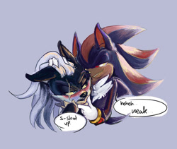Size: 1024x863 | Tagged: safe, artist:blackthehedgehog1, infinite the jackal, shadow the hedgehog, sonic forces, 2019, blushing, dialogue, duo, english text, gay, heterochromia, holding them, lidded eyes, purple background, scar, shadfinite, shipping, simple background, speech bubble, teasing