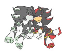 Size: 780x640 | Tagged: safe, artist:iscon, mephiles the dark, shadow the hedgehog, 2015, duo, flat colors, frown, gay, legs crossed, lidded eyes, looking at each other, mephadow, shipping, simple background, sitting, transparent background