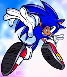 Size: 2048x2359 | Tagged: safe, artist:hedgehogenglne, sonic the hedgehog, 2024, clouds, looking at viewer, looking back, looking back at viewer, mid-air, posing, reaching towards the viewer, signature, sky background, smile, smiling at viewer, solo, style emulation, tan skin, treads, uekawa style, v sign, watermark