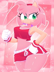 Size: 1500x2000 | Tagged: safe, artist:xan13, amy rose, hedgehog, abstract background, alternate outfit, female, fist, hand on hip, looking offscreen, midriff, outline, pink background, solo, thick thighs, white outline, wide hips, workout outfit
