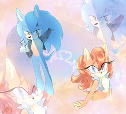 Size: 1980x1794 | Tagged: safe, artist:ay_kouka, sally acorn, sonic the hedgehog, chipmunk, hedgehog, 2026, duo, female, heart, holding something, jacket, male, sally x sonic, sally's vest and boots, shipping, straight, time sand, tree