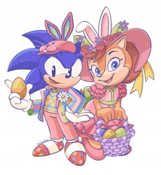 Size: 1727x1878 | Tagged: safe, artist:jadepesky, sally acorn, sonic the hedgehog, chipmunk, hedgehog, 2026, alternate outfit, basket, classic sally, classic sonic, clothes, duo, easter, easter egg, egg, female, flower, flower crown, fully clothed, hat, holding something, looking at viewer, male, pose, sally x sonic, shipping, simple background, smile, straight, tree, white background
