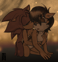 Size: 2048x2202 | Tagged: suggestive, artist:roseduelistbbshm, sally acorn, sonic the hedgehog, chipmunk, hedgehog, 2021, duo, female, kiss, kiss on cheek, male, nudity, sally x sonic, shipping, straight, tree