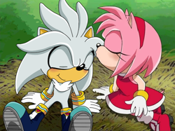 Size: 640x479 | Tagged: safe, artist:xcustardopossumx, editor:xcustardopossumx, amy rose, silver the hedgehog, sonic x, 2021, blushing, duo, edit, eyes closed, kiss, shipping, silvamy, smile, straight
