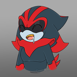 Size: 2600x2600 | Tagged: safe, artist:crypticruins, eclipse the darkling, 2026, alien, bust, drooling, eyes closed, gradient background, mouth open, saliva, sharp teeth, smile, solo, yellow teeth