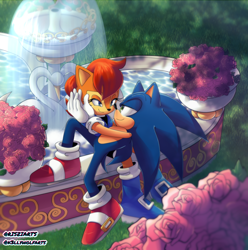 Size: 2184x2200 | Tagged: safe, artist:k3llywolfarts, artist:risziarts, sally acorn, sonic the hedgehog, chipmunk, hedgehog, 2024, daytime, duo, female, flower, fountain, grass, hand on another's face, looking at each other, lying on them, male, plant pot, rose, sally x sonic, sally's ringblader outfit, shipping, sitting, smile, smiling at each other, straight, water