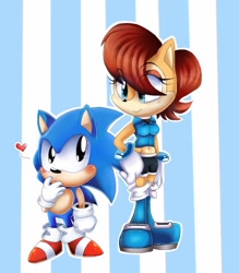 Size: 768x876 | Tagged: safe, artist:ai-amaterasu, sally acorn, sonic the hedgehog, chipmunk, hedgehog, 2015, abstract background, blushing, classic sonic, duo, eye clipping through hair, eyebrow clipping through hair, female, hand on hip, heart, height difference, looking at each other, low res, male, outline, sally x sonic, sally's ringblader outfit, shipping, smile, standing, straight, striped background, white outline
