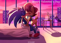 Size: 2000x1422 | Tagged: safe, artist:joeg02, sally acorn, sonic the hedgehog, cat, chipmunk, hedgehog, 2025, apartment, bed, bedroom, blushing, building, city, cityscape, clouds, duo, eyes closed, female, indoors, kiss, kiss on lips, leaning back, leaning forward, male, plant, plant pot, sally x sonic, sally's vest and boots, shipping, sitting, straight, valentine's day, window