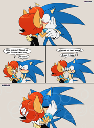 Size: 1440x1959 | Tagged: safe, artist:risziarts, sally acorn, sonic the hedgehog, chipmunk, hedgehog, 2023, blushing, comic, dialogue, duo, english text, female, kiss, kiss on lips, male, sally x sonic, sally's ringblader outfit, shipping, simple background, speech bubble, straight