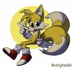 Size: 1280x1189 | Tagged: safe, artist:v0ytsekh, miles "tails" prower, 2026, abstract background, looking at viewer, sitting, smile, smiling at viewer, solo, tongue out, v sign