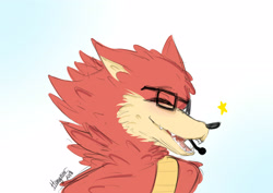 Size: 3507x2480 | Tagged: safe, artist:hhuniii, gadget the wolf, 2018, bust, cute, eyes closed, fangs, flat colors, gadgebetes, looking offscreen, mouth open, signature, simple background, smile, solo, star (symbol), white background