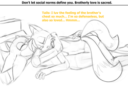 Size: 1242x876 | Tagged: safe, artist:pantsulover228, miles "tails" prower, sonic the hedgehog, 2026, dialogue, english text, eyes closed, gay, holding each other, line art, lying down, lying on them, monochrome, shipping, simple background, sketch, sonic x tails, text, white background