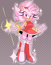 Size: 1578x2019 | Tagged: safe, artist:artangelo381341, amy rose, 2026, finger snap, flying, frown, looking at viewer, mid-air, solo, sparkles, super amy, super form