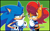 Size: 1374x860 | Tagged: safe, artist:risziarts, sally acorn, sonic the hedgehog, chipmunk, hedgehog, 2023, duo, eye clipping through hair, eyebrow clipping through hair, female, gradient background, green background, lidded eyes, looking at each other, male, raised eyebrow, sally x sonic, sally's ringblader outfit, shipping, smile, smiling at each other, straight, thinking