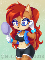 Size: 852x1133 | Tagged: safe, artist:metalpandora, sally acorn, chipmunk, 2019, abstract background, collar, female, flower (symbol), glasses, gradient background, holding something, long hair, looking at something, mirror, sally's ringblader outfit, solo, watermark