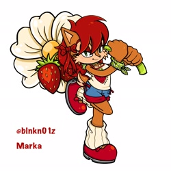 Size: 2048x2048 | Tagged: safe, artist:blnkn01z, sally acorn, chipmunk, 2026, alternate outfit, clothes, female, flower, fruit, holding something, looking at viewer, redraw, simple background, smile, smiling at viewer, solo, strawberry, text, white background